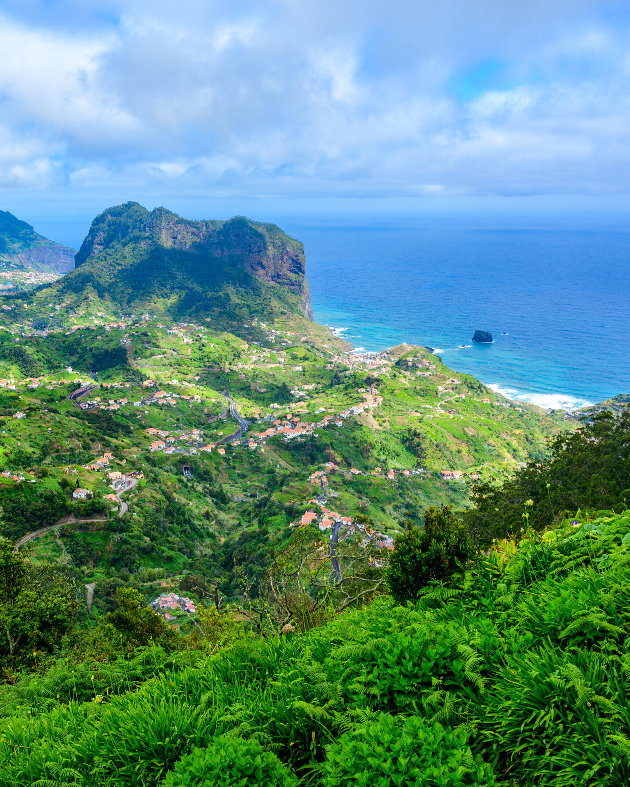 Landscape scenery from Portela Viewpoint - Porto da Cruz at beautiful coast and mountains in the north of Madeira island - Ribeira Frio-Portela, Portugal.