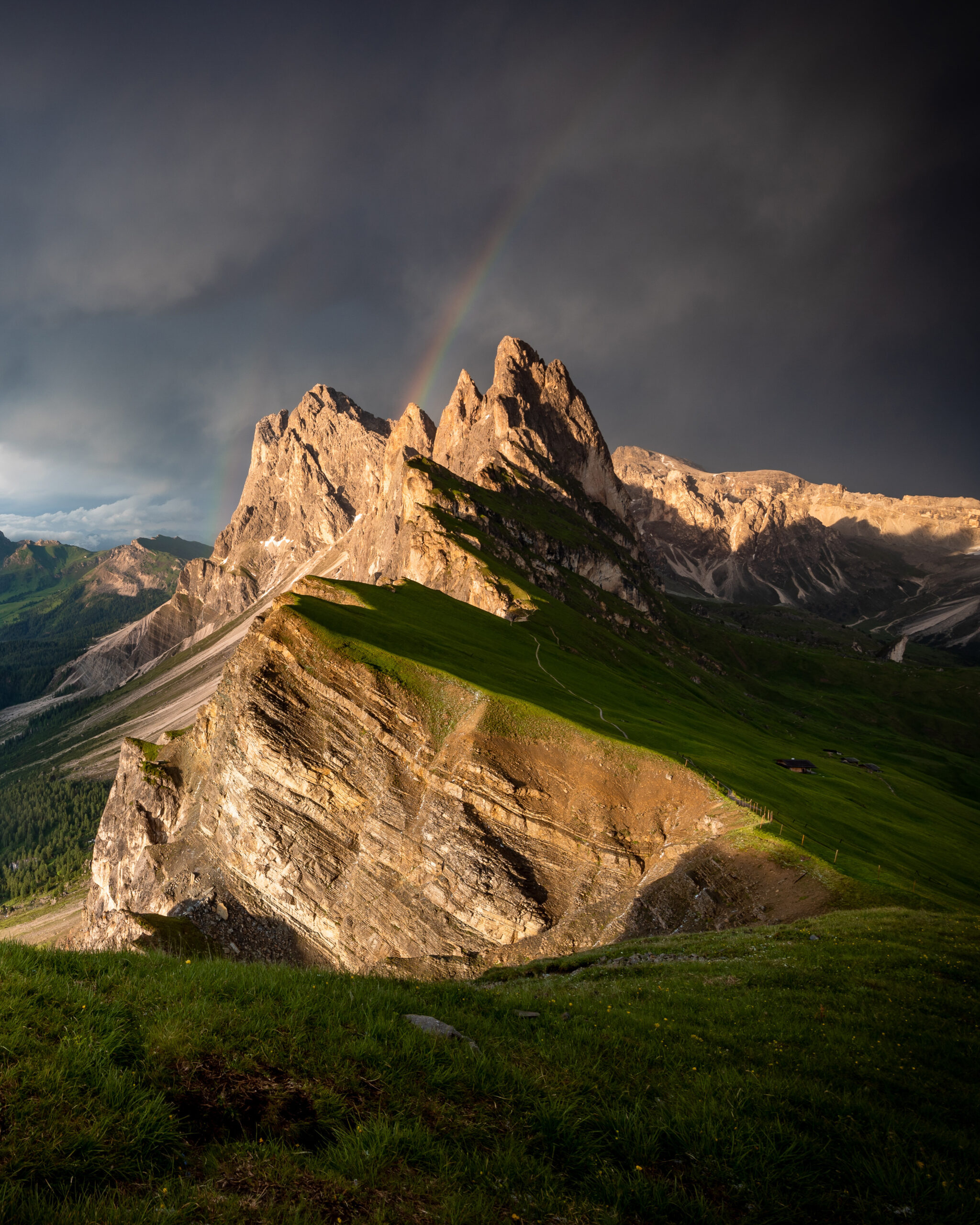 Seceda mountain peaks with rainbow,Suoth Tyrol, Dolomites, Italy